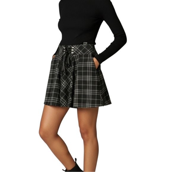 unbranded Dresses & Skirts - K-POP Womens Black Grey Plaid Lace Up Front Mini Skirt With Built In Shorts S